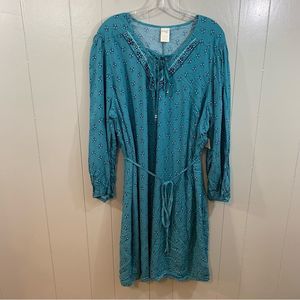 Terra & Sky Blue Plus Floral Embroidered Relaxed Fit Shirt Dress 1X 16W 18W NEW
